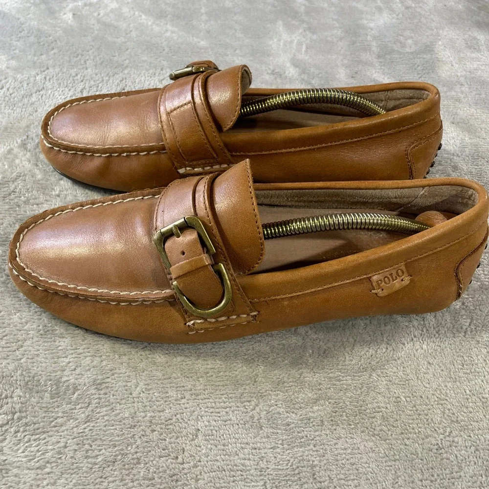 Polo Ralph Lauren Whiteley Driving Moccasin Loafers Mens 8.5 Tan Leather Buckle